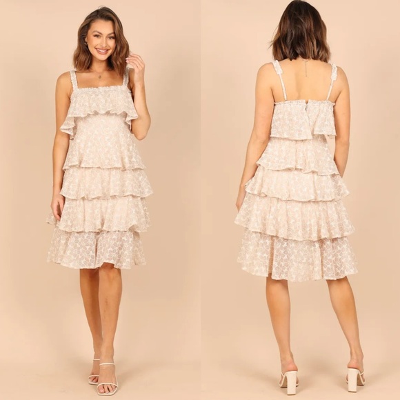 Storia Dresses & Skirts - NWT Petal & Pup STORIA Whimsy Multi Tiered Lace Midi Dress Cream Sz S Coquette